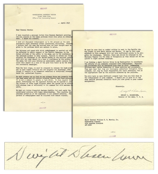 Dwight Eisenhower ''Secret'' Letter Signed From April 1945 -- ''...received a personal letter from General Marshall pointing out his concern in the human problems which will arise in redeployment...''